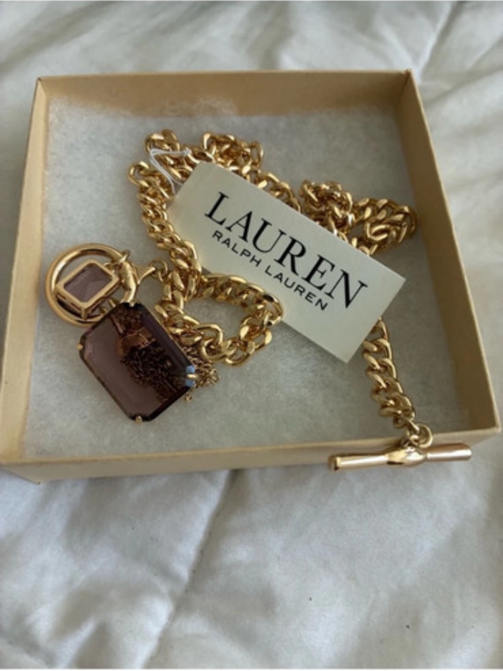 Ralph Lauren Gold-Tone Chain Necklace with Smoky Brown Gem